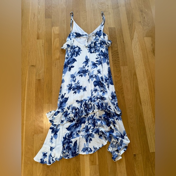 Island Time Blue and White Floral Print Ruffled Midi Dress by LULU's - Picture 15 of 16